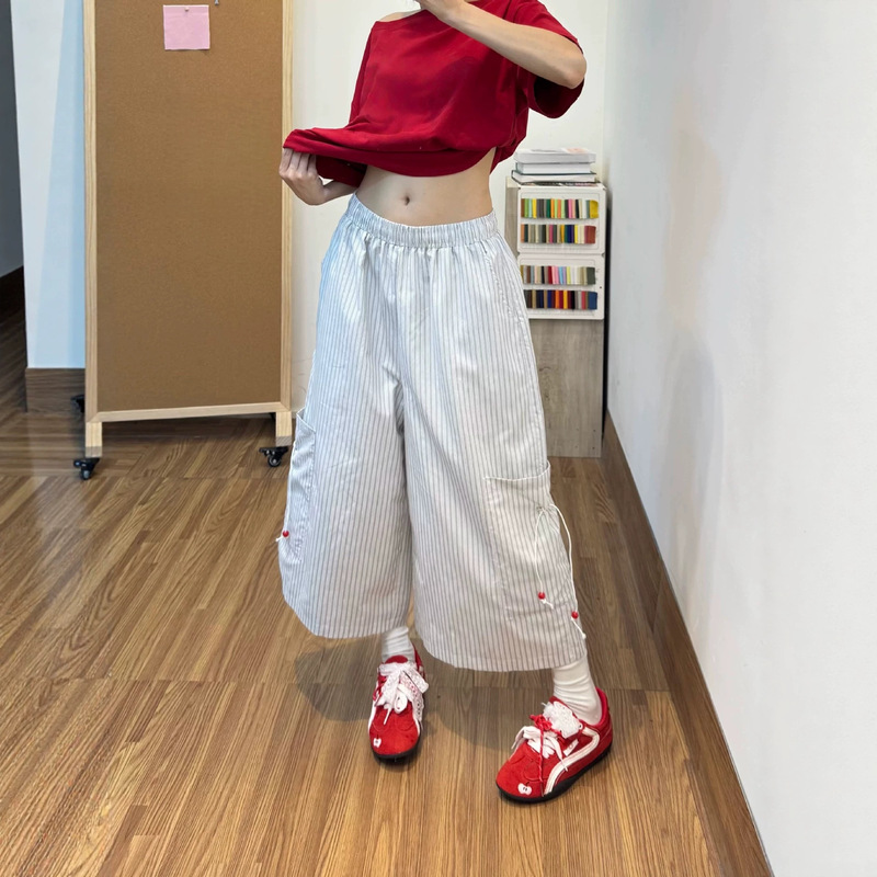 Japanese-Style White Striped Cherry Bead Design Cropped Pants for Women, Summer Loose Casual Pants with Elastic Waist, Straight-Leg Pants