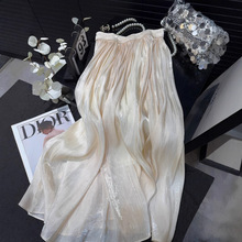 高级感2025新款夏高腰流光泽感珠光纱裙百褶裙网纱中长款半身长裙