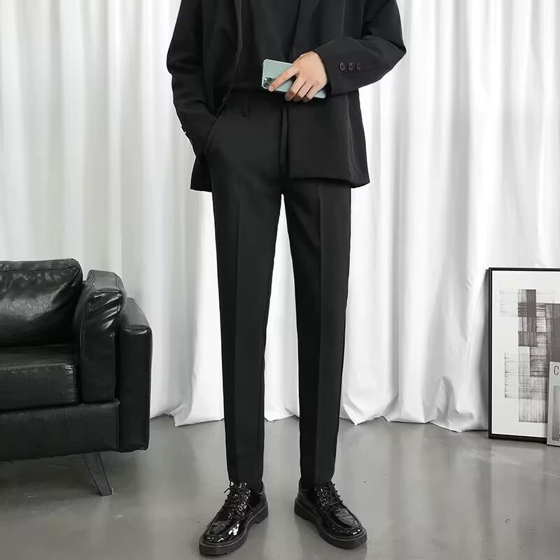 Летний костюм, черные мужские длинные тонкие штаны, slim fit, плюс размер, свободный прямой силуэт