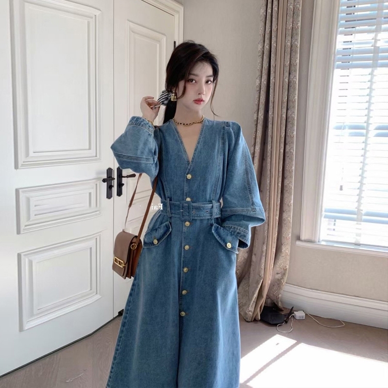 法式A字牛仔连衣裙子女装2025春秋新款欧货胖mm显瘦时尚感长裙子|undefined