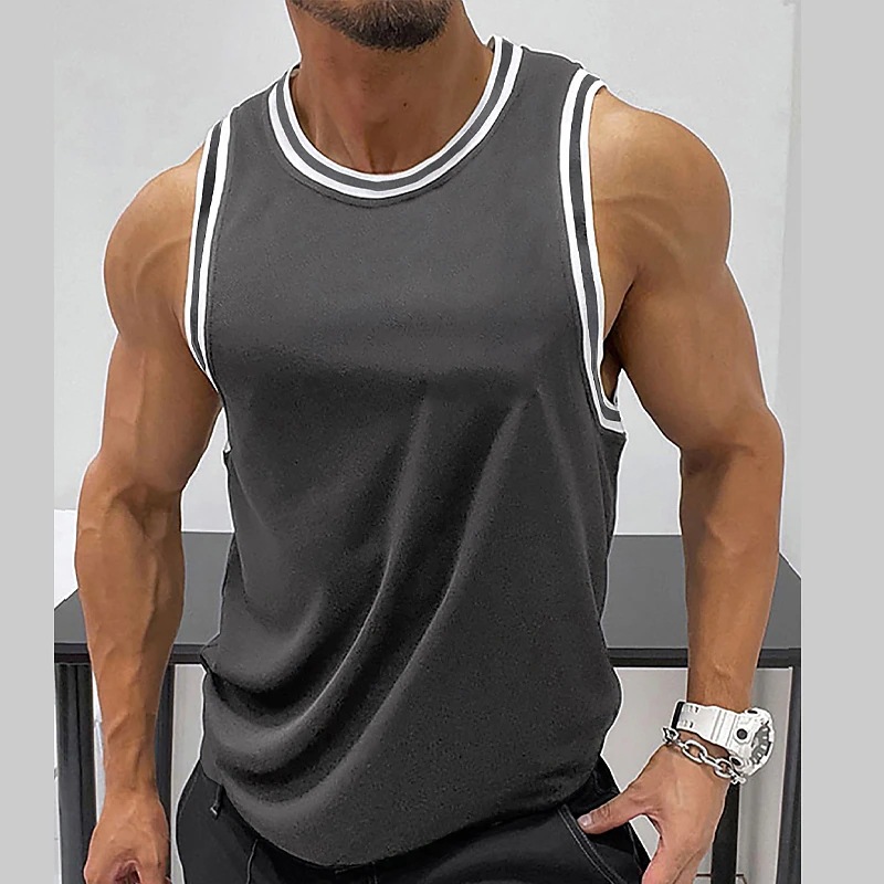 Men's Sleeveless Vest Solid Color Ribbed Edge Round Neck Fitness Sports Top For Outdoor Daily Wear Cross Border Style_viptrois.com