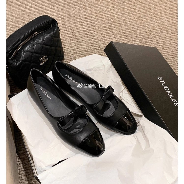 Grape Mom's Classic Color-Blocked Small Fragrant Bow Commuting Versatile Square-Toe Genuine Leather Flats Mary Jane Shoes