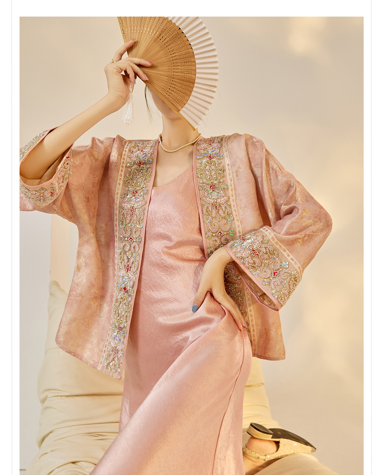 Áo khoác cardigan thêu hoa nặng kiểu Trung Hoa mới, đính cườm cao cấp N7065 — hồng chi tiết 7