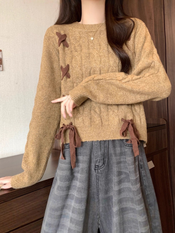 设计感麻花系带毛衣套头女2025秋冬新款软糯百搭别致圆领针织衫潮|undefined