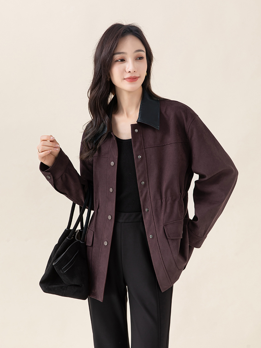 Áo khoác bomber giả da nhung phối ve nhỏ dáng rộng phong cách Hong Kong cổ điển — màu tím anh đào