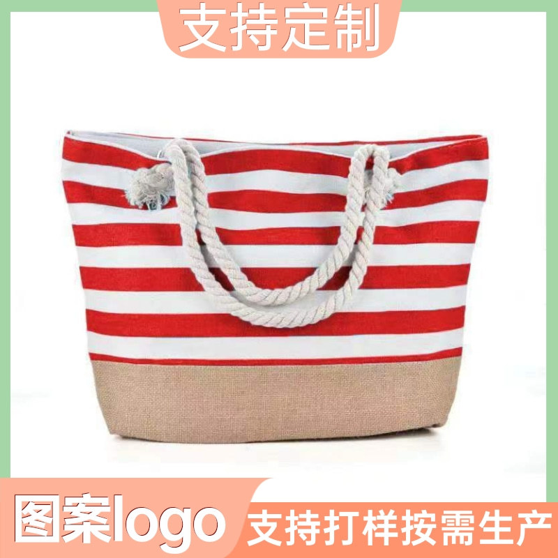 Nueva Bolsa de playa a rayas empalmadas, bolso de hombro único para mujeres, bolso de hombro único, cuerda de cáñamo grueso para el ocio, bolso de lona para mujeres de un solo hombro de gran capacidad