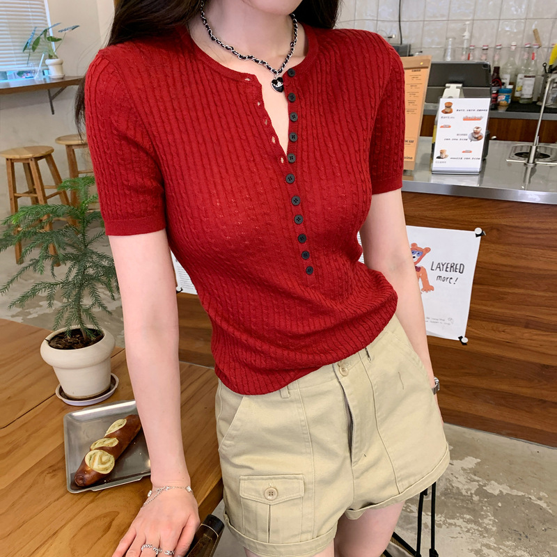 Round Neck Half Placket Button Short-Sleeved Wool Knitwear T-Shirt for Women 2025 Summer New Slim Fit and Stylish Top Round Neck Half Placket Button Short-Sleeved Wool Knitwear T-Shirt for Women 2025 Summer New Slim Fit and Stylish Top