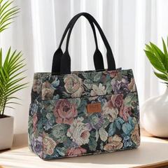 レトロファッションハンドバッグ、大容量の花油絵風ポータブルランチボックスバッグ、文学ハンドバッグ、お出かけママバッグ