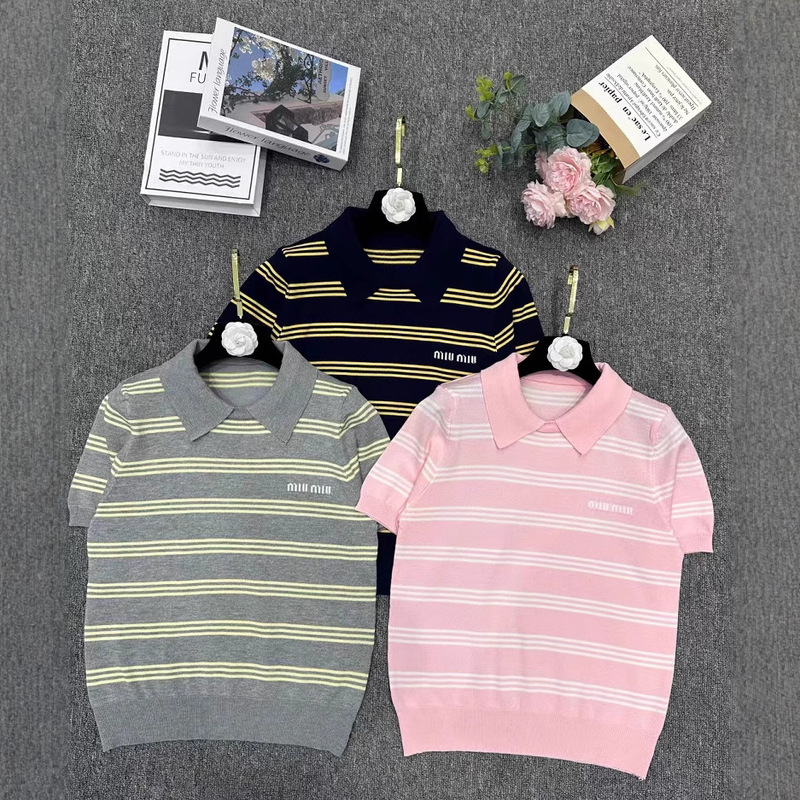 Mm Brand's 25Th Spring/Summer New Collection Polo Jacquard Striped Knit Short-Sleeve Top Slim Fit Dalang Knitwear Color-Blocking