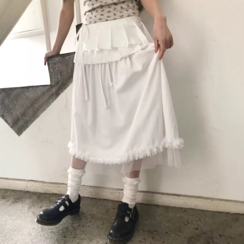 2-Color Summer Korean Solid Color Lace Mesh Skirt with Nylon Blend Hem, Long Skirt, Japanese Cute Style