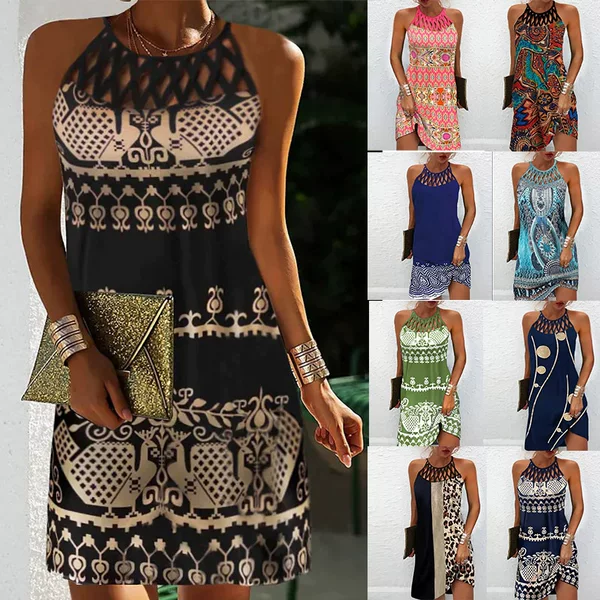 2023 European and American Spring and Summer New Amazon Ethnic Style Positioning Printing Mesh Belt Sleeveless Casual dress Women's Clothing