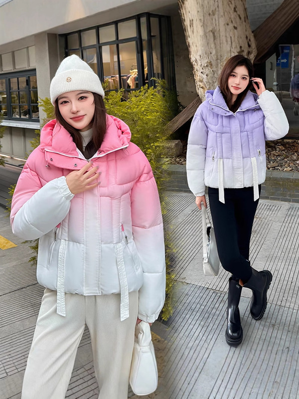 跨境棉衣2025新款渐变色棉服女美式棉袄学生连帽冬装外套加厚外套|undefined