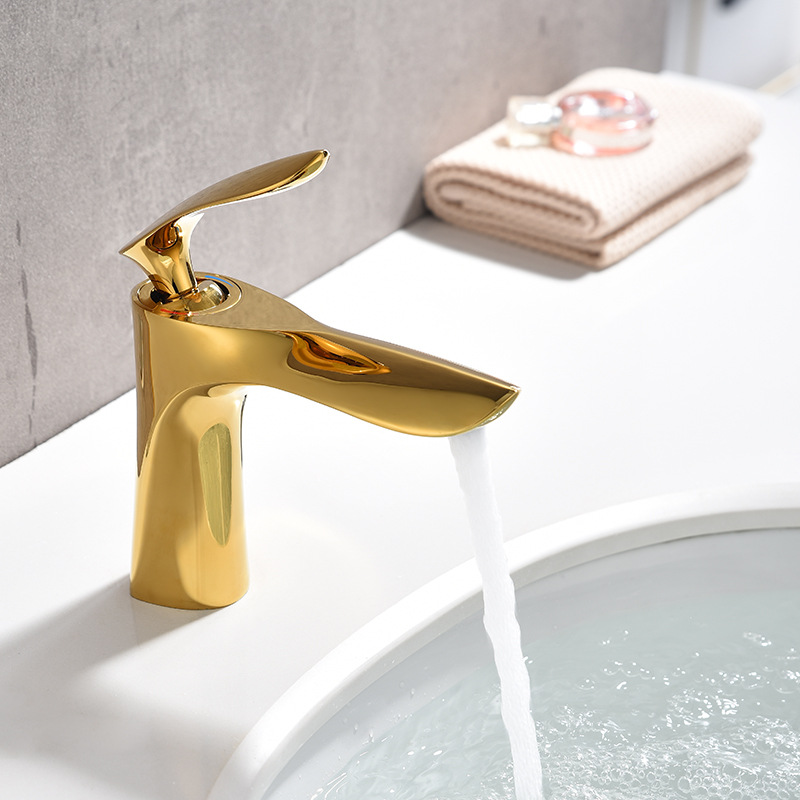 Jiumu all-copper Nordic-style golden washbasin faucet, bathroom, single-hole cold and hot water washing basin, washbasin and countertop full figure