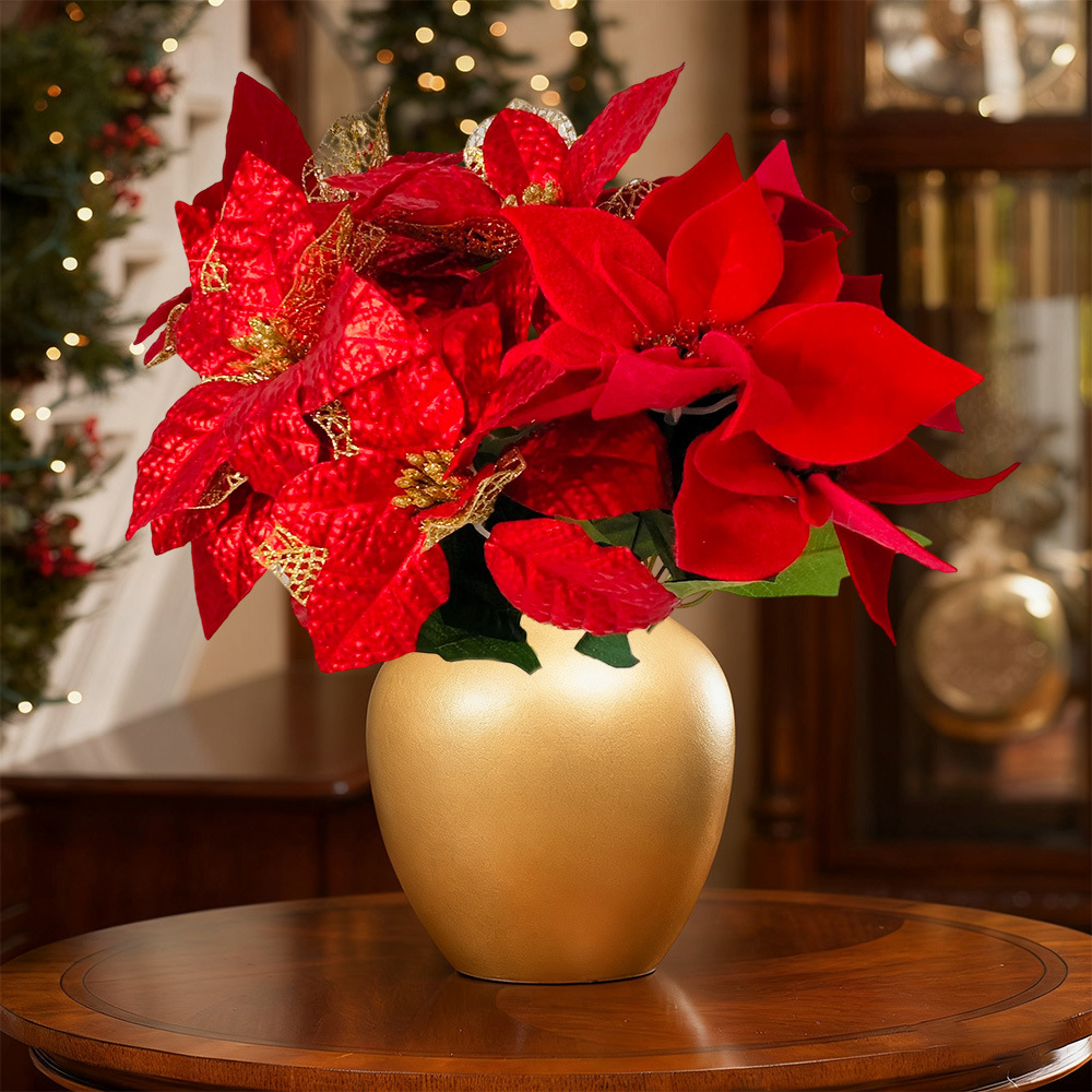 Nuevos productos transfronterizos flores de Navidad artificiales simulación de flores falsas de cártamo flor de Navidad decoración floral ramo de polvo de oro