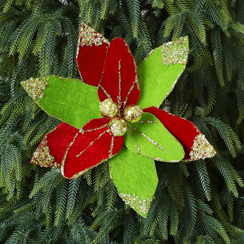 Shengyuan nuevo alto grado 26CM flores de Navidad rojas doradas sequillas tela de terciopelo simulación flores falsas decoración de árbol de Navidad