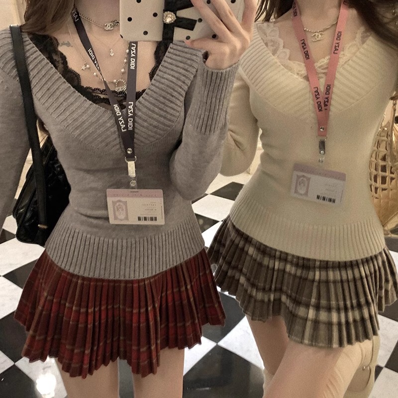 High-Intelligence Sister Collar Knitwear Women's Pleated Skirt Korean Autumn and Winter Waist-Cinching Knitted Knitwear Women