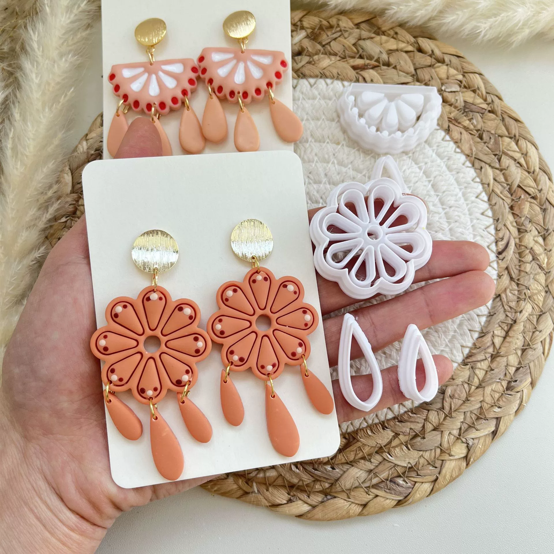 Set, ceramics, earrings, clay, highly precise mold, cutting die, (Cross-border trading), boho style