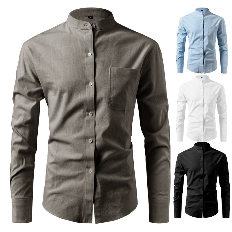 Amazon Stand-Up Collar Men's Shirt Pure Cotton Linen-Like Breathable Casual Long-Sleeve Solid Color Cross-Border Men's Shirt Breathable and Comfortable Amazon Stand-Up Collar Men's Shirt Pure Cotton Linen-Like Breathable Casual Long-Sleeve Solid Color Cross-Border Men's Shirt Breathable and Comfortable