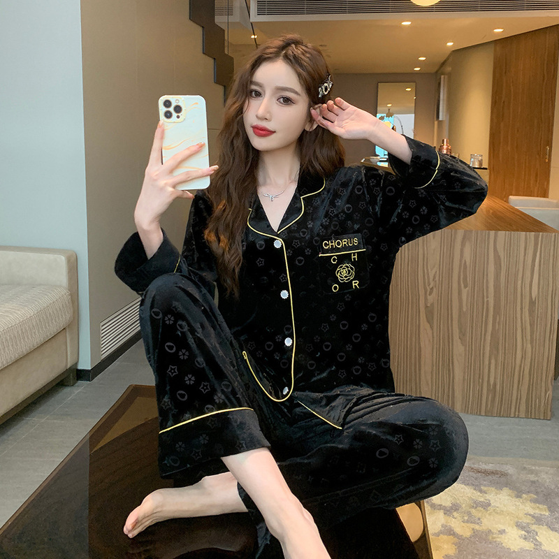 Gold Velvet Accessible Luxury Women's 2025 Autumn and Winter Long-Sleeved Pajamas Home Wear New Set 22337 Black Gold Velvet Accessible Luxury Women's 2025 Autumn and Winter Long-Sleeved Pajamas Home Wear New Set 22337 Black