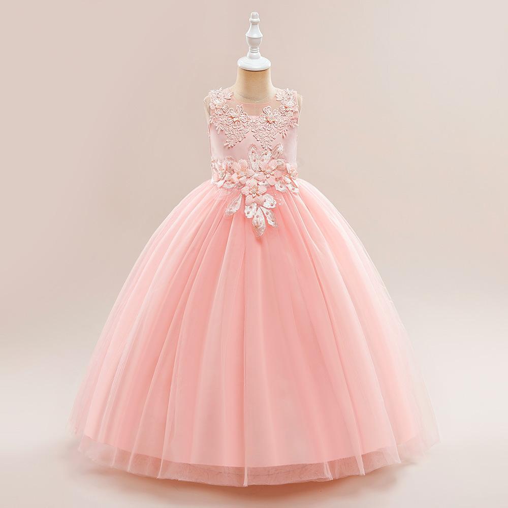 Vestido largo de princesa para niñas, estilo moderno, con malla, bordados y apliques, sin mangas, para actuaciones.