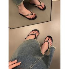 时尚串珠2023夏季新款平底人字拖女外穿夹脚拖鞋软底防滑沙滩鞋潮