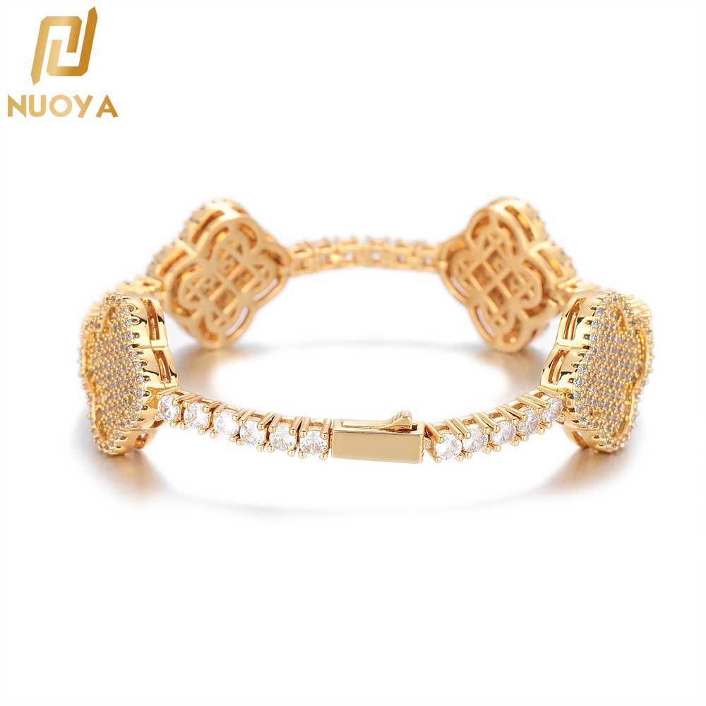 European and American Cross-border Hip Hop Spring Buckle Four-leaf Clover Zircon Tennis Bracelet High-end All-match Jewelry Men's Bracelet