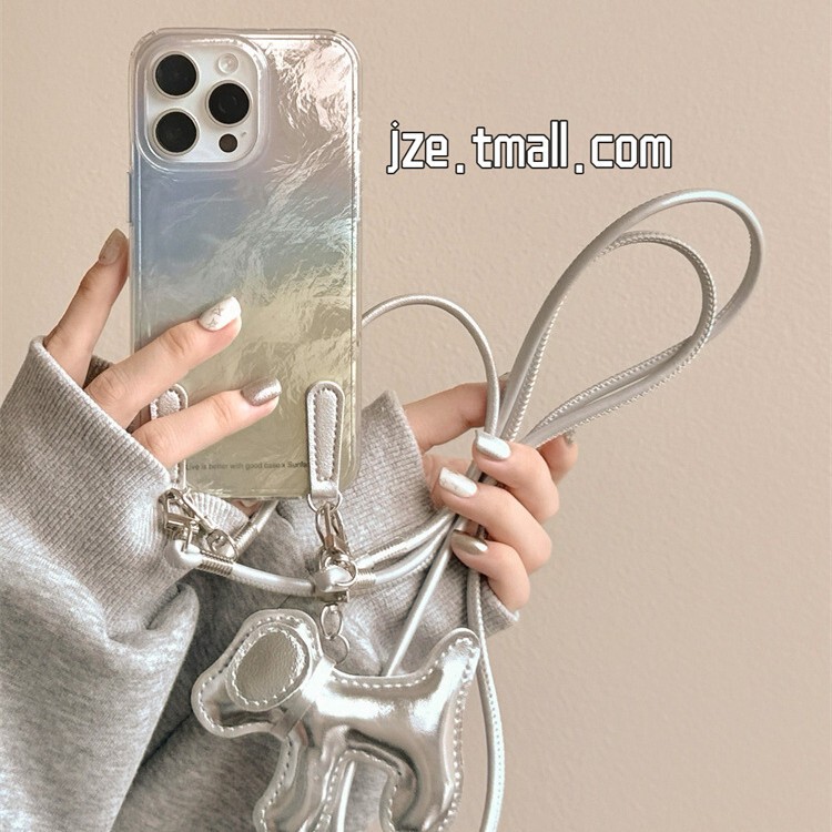 iPhone15promax Apple 16 携帯電話ケース 14 ハイエンド 13 女性に適した電気メッキシルバー子犬クロスボディストラップ|undefined