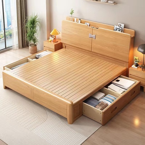 Nordic Beech Wood Full Solid Wood Bed Modern Minimalist 1.8-meter Master Bedroom Double Bed 1.5-meter Solid Wood Single Bed with Storage