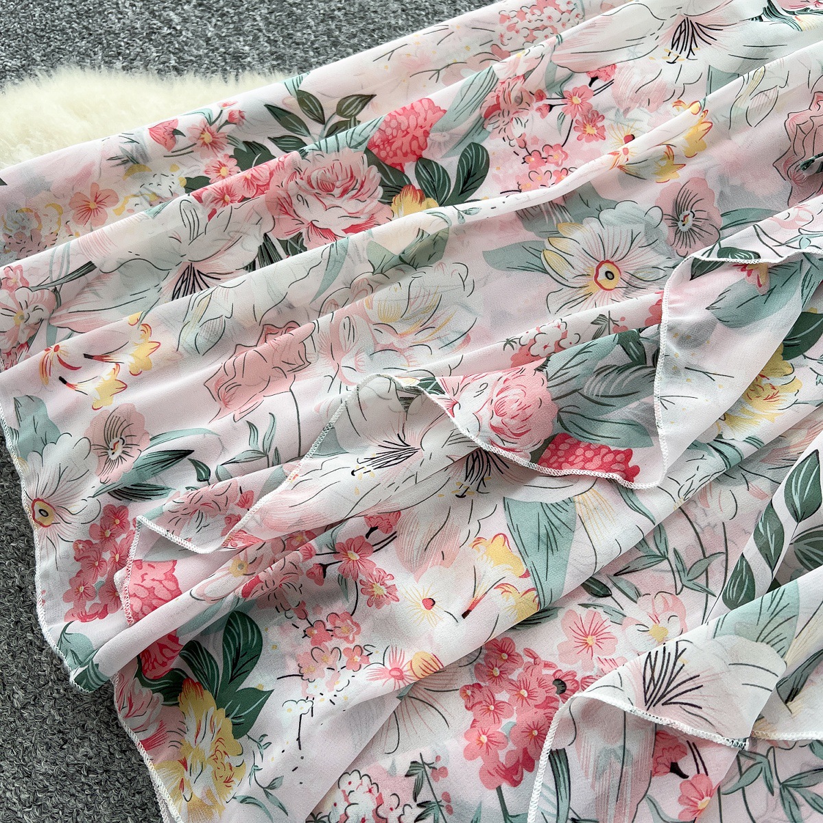 Women's Clothing Summer Slimming Ruffled Floral Dress V Neck Short Flutter Sleeve Lace Up Waist Cinching_ecoleips.com