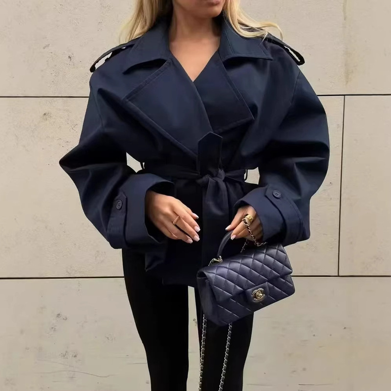Pb&Za European and American Style Women's New Fashion Versatile Solid Color Belted Large Lapel Trench Coat