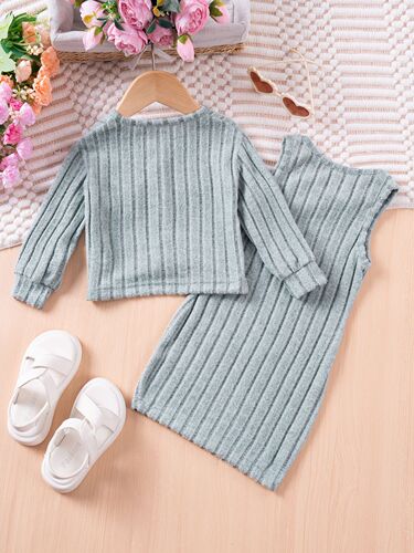 2025 Cross-border New Spring and Autumn Girls' Knit Topless Dress Two-Piece Set Pure Color Sweet Set