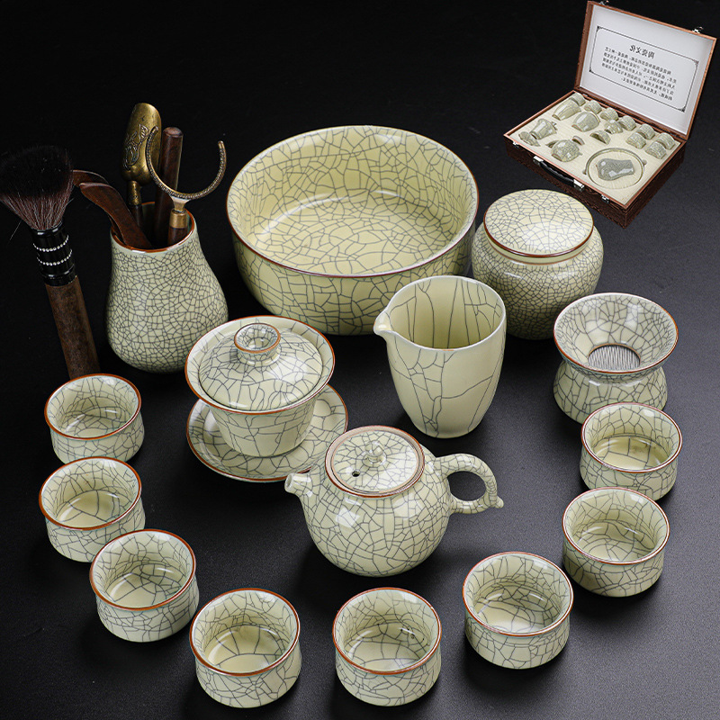 Hand-me-down Ru Kiln Kung Fu Tea Set Home Living Room Ceramic Teapot Ice-Cracked Cicada Wing Opening Light Luxury Teacup Gift