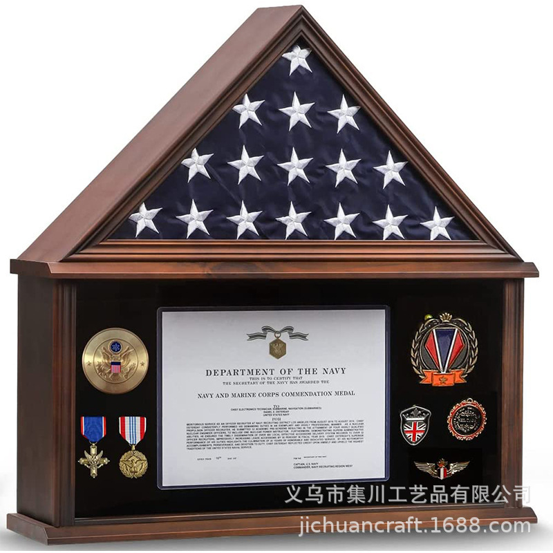Amazon Solid Wood Walnut Color Large American Flag Display Frame Medal Badge Wall-Mounted Photo Frame Funeral Supplies