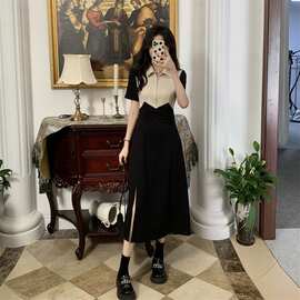 大码撞色设计感开叉连衣裙女春夏韩版2022新款POLO领收腰显瘦
