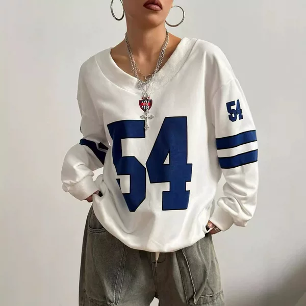 American New Autum V Neck Letter Printed Loose Jersey Sports Style Casual Versatile Cross-Border Export Sweatshirt Wholesale