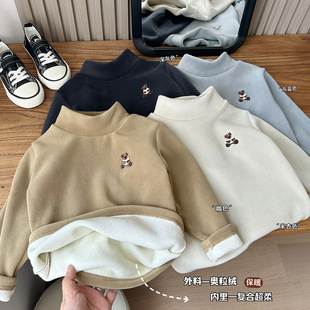 New Winter Boys Ollie Fleece Semi-high Collar Base Shirt Long-sleeved T-shirt Winter Clothes Autumn and Winter Children's Clothes Baby Autumn Clothes Fashion