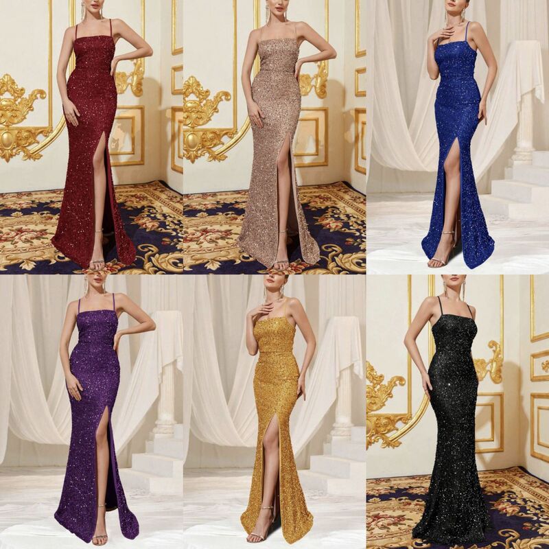 New European and American Cross-Border Foreign Trade Women's High-Waisted Sexy Sequin Slit Bridesmaid Dress Suspender Evening Dress