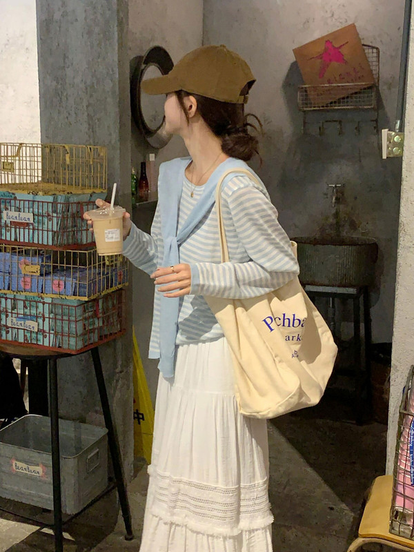 韩系慵懒风冰丝针织条纹防晒罩衫女春秋薄款长袖t恤外搭披肩上衣|undefined