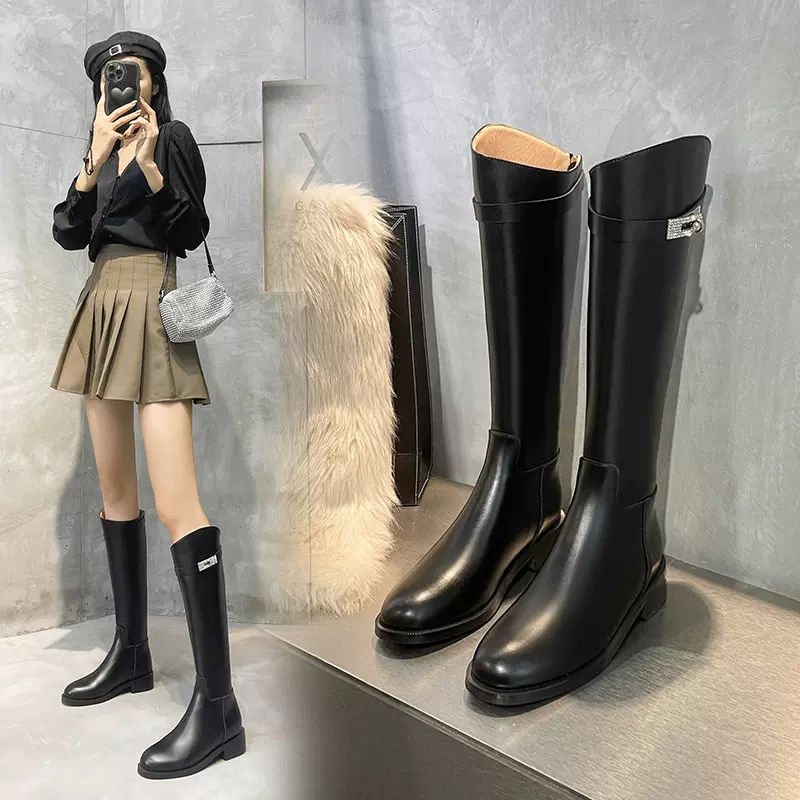 真皮厚底长筒靴女2024年秋冬新款粗跟钻扣高筒骑士靴不过膝长靴女
