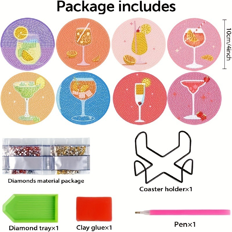 Ventas transfronterizas calientes de 8 piezas de conjunto de cojín de taza de arte de diamante, con soporte, pequeño conjunto de pintura de diamante, adecuado para adultos