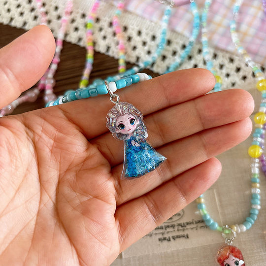 Cute Cartoon Children's Glitter Princess Beaded Necklace Girls Sweet Colorful Versatile Pendant Chain Clavicle Chain Jewelry