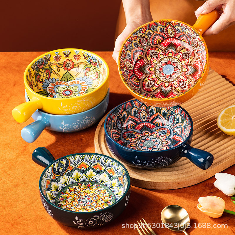 Bohemian ceramic handle bowl household tableware salad bowl handle bowl soup bowl instant noodle bowl baking bowl cross border Bohemian ceramic handle bowl household tableware salad bowl handle bowl soup bowl instant noodle bowl baking bowl cross border