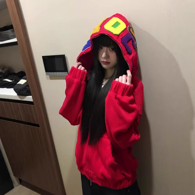 Towel Embroidered Letter Hooded Cardigan Sweatshirt for Women, Autumn and Winter Christmas Atmosphere Couple's Jacket, Lulu Sweatshirt Jacket