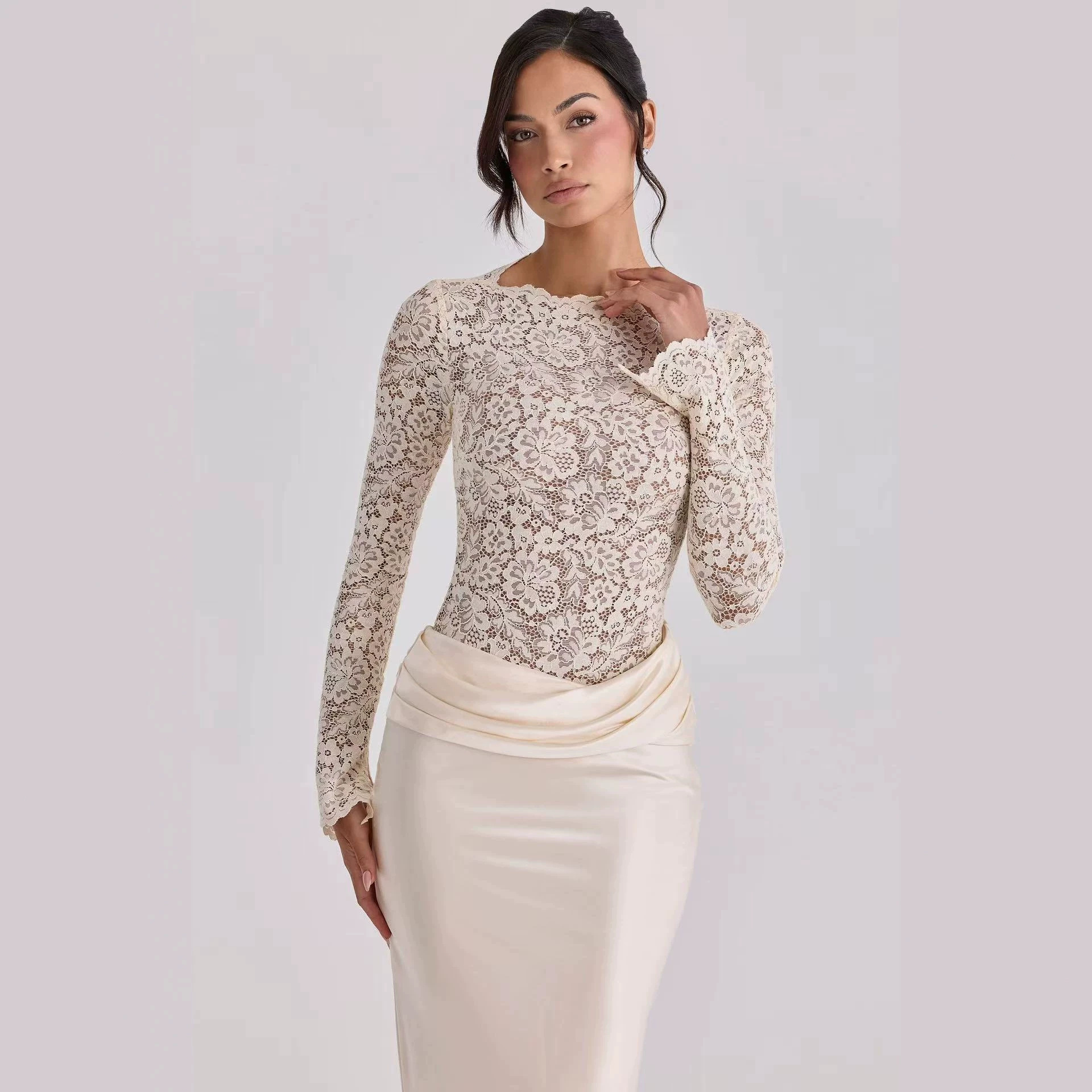 Women's Sexy Lace See Through Patchwork Bodycon Skirt Fashion Satin Pleated Fishtail Elegant_ecoleips.com