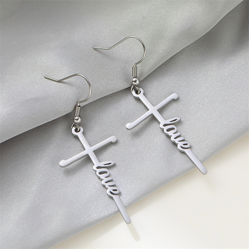 1 Pair Retro Simple Style Cross Letter Titanium Steel Drop Earrings display picture 3