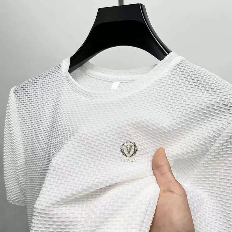 Прохладная мужская футболка из ледяного шелка с короткими рукавами и круглым вырезом, сетчатый вырез, летний топ с половиной рукавов, мужской повседневный быстросохнущий модный топ