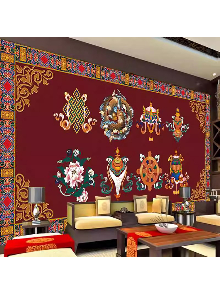 吉祥八宝图藏式壁纸背景墙电视墙壁画藏族特色壁画沙发墙纸装饰画