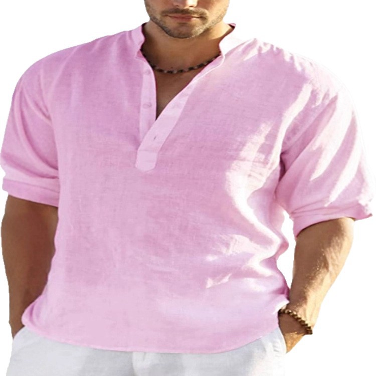 Men's Linen Long-Sleeved T-Shirt, Loose Undershirt, Solid Color Long-Sleeved Cotton Linen Shirt, Men's Plus Size_viptrois.com