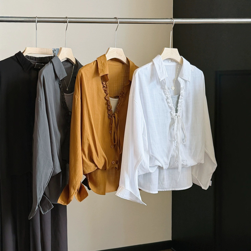 Fashionable two-piece style long-sleeved shirt with ruffled trim and tie-up collar for women, early autumn 2026 new loose fit top that conceals flaws and slims the figure