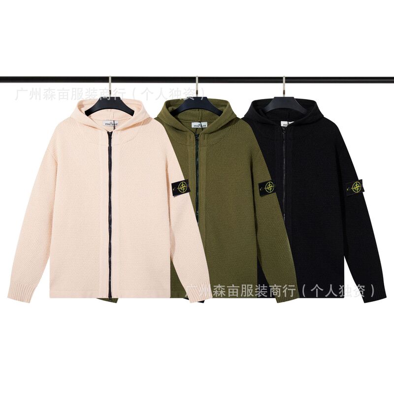 Cross-Border Stone Shidaizhao Zipper Open Chest Hooded Badge Functional Hooded Knitted Sweater for Men and Women Ius Autumn and Winter